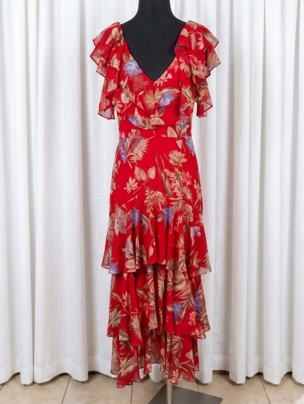 Wayf Red Tropical Floral Ruffle High-Low Dress
